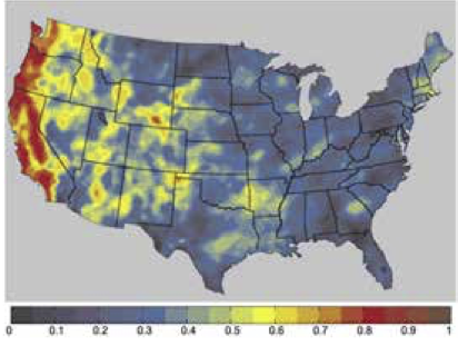 Figure 2. Coefficient de corrélation entre les précipitations simulées par un modèle climatique régional non guidé et les mesures de ces précipitations aux États-Unis d'Amérique sur une année. Source: Lo et al. (2008).